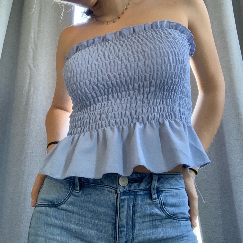 light blue ruffled tube top